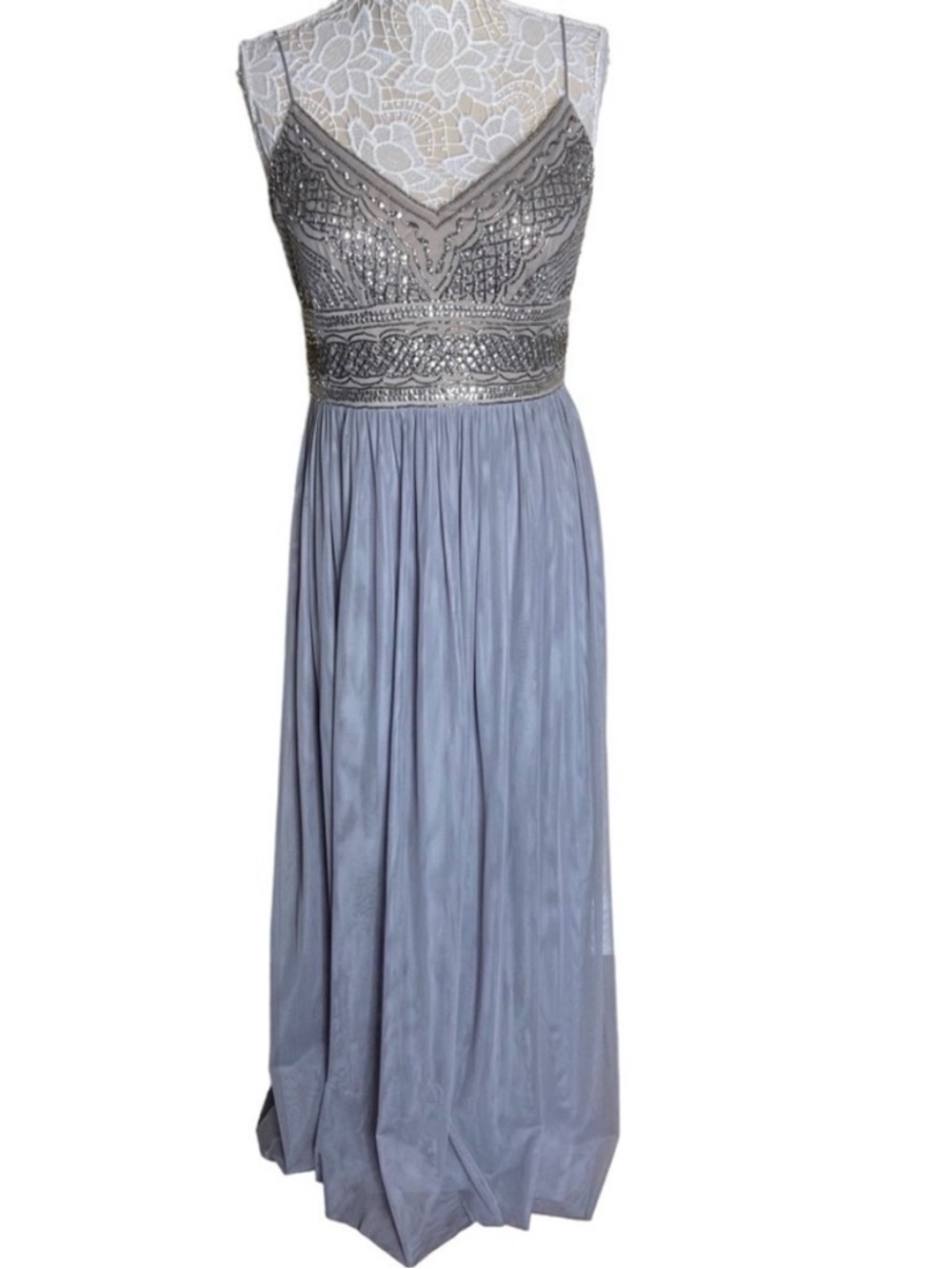 NWT BHLDN x Adrianna Papell Aida Beaded Chiffon Gown in Pewter - Picture 2 of 4